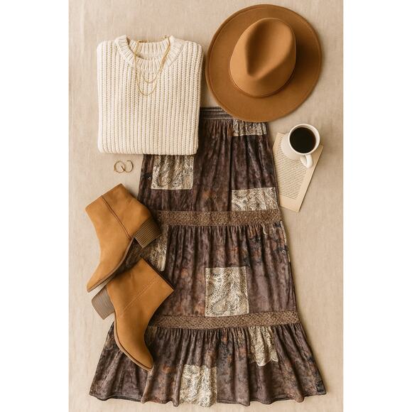 Velvet Patchwork Maxi Skirt | Boho Gypsy Vintage Style Tiered Long Skirt | Small - Picture 13 of 13